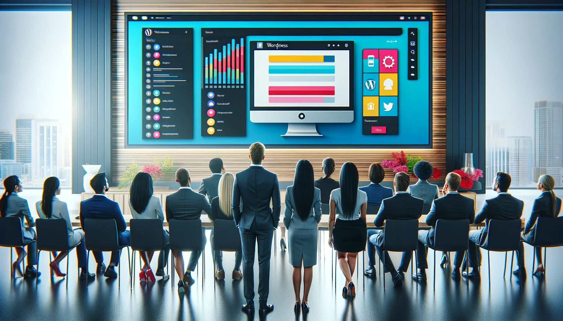 A business presentation room with a large screen displaying a WordPress dashboard featuring essential statistics, icons, and a colorful graph. Seventeen attendees in professional attire sit and stand facing the screen. The background showcases large windows with a cityscape view.