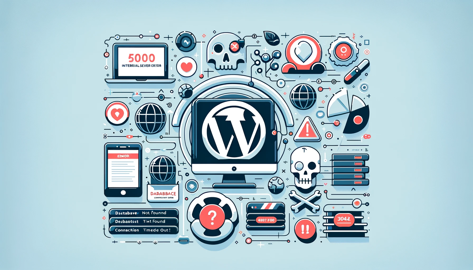 A busy illustration represents cybersecurity threats to WordPress. The central image shows a monitor with the WordPress logo. Surrounding it are various icons: error messages, warning signs, skulls, broken chains, a magnifying glass, and symbols indicating hacking and bugs—all emphasizing common WordPress errors and vulnerabilities.